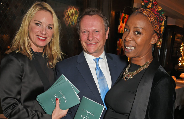 Actors Tamzin Outwaite, Neil Stuke and Noma Dumezweni at Acting for Others' For One Night Only dinner at the Ivy. Photo: Dave Benett