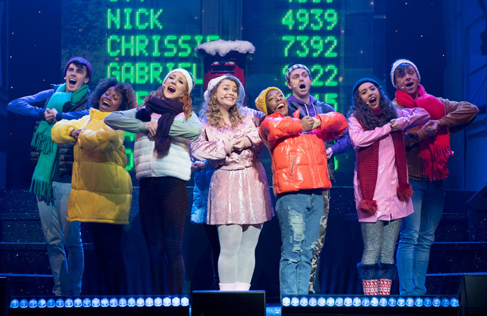 Carrie Hope Fletcher and the cast of The Christmasaurus at Eventim Apollo, London. Photo: Alistair Muir