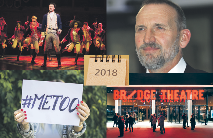 Clockwise from top left: Hamilton, Macbeth becoming in vogue, with productions including that of the Royal Shakespeare Company’s Macbeth starring Christopher Eccleston, celebrating the Bridge Theatre's success and continued focus on harassment. Photo: Matthew Murphy/Shuuterstock/Philip Vile/Shutters