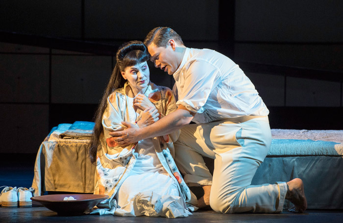 Anne Sophie Duprels as and Merunas Vitulskis in Opera North's Madama Butterfly. Photo: Richard H Smith