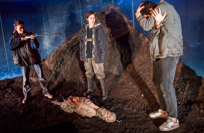 Rochenda Sandall, Ria Zmitrowicz and Alec Secareanu in Gundog at Royal Court, London. Photo: Tristram Kenton