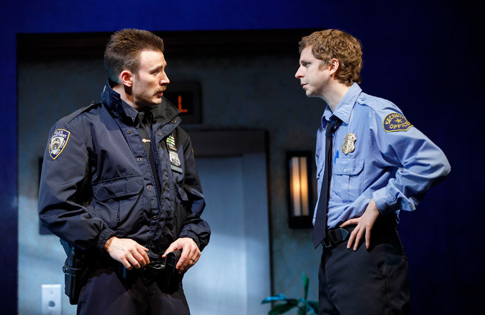 Chris Evans and Michael Cera in Lobby Hero at Second Stage, New York. Photo: Joan Marcus