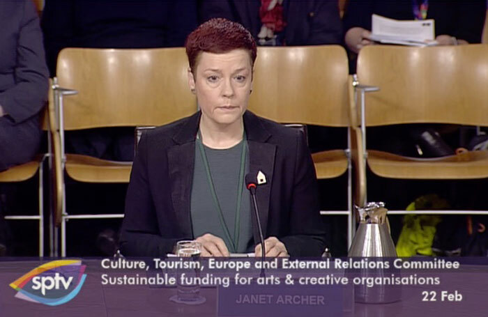 Creative Scotland chief executive Janet Archer speaking at an evidence session at the Scottish Parliament’s culture committee