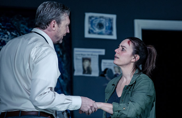 Colin Tierney and Jill Halfpenny in The Girl on the Train at West Yorkshire Playhouse, Leeds. Photo: Richard Davenport