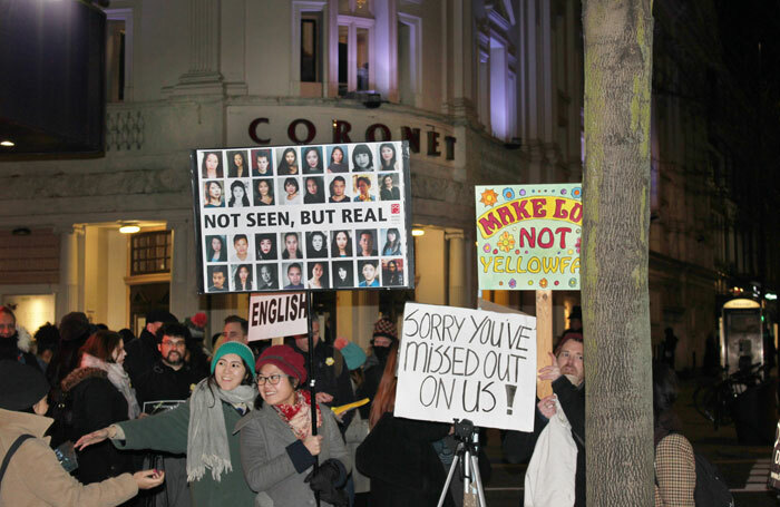 Protesters outside the Print Room, London, at the opening night of Howard Barker's In the Depths of Dead Love in 2017. They were objecting to the cast being exclusively white, when the play is set in ancient China. Photo: Georgia Snow