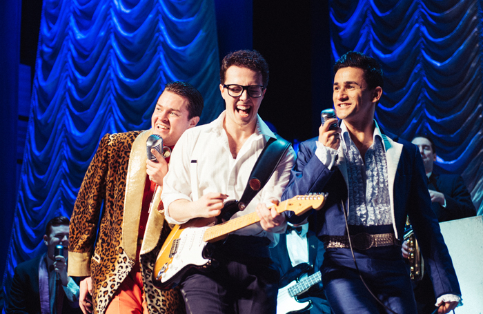 Thomas Mitchells, Alex Fobbester and Jordan Cunningham in Buddy - The Buddy Holly Story