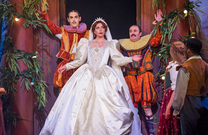 John Savournin, Stephanie Corley and and Joseph Shovelton in Opera North's Kiss Me Kate. Photo: Tristram Kenton