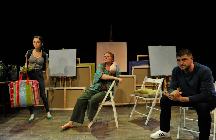 Grace Hogg Robinson, Hayley Jayne Standing and James Alexandrou in Sitting by Katherine Parkinson at the Gilded Balloon, Edinburgh. Photo: Robbie Jack