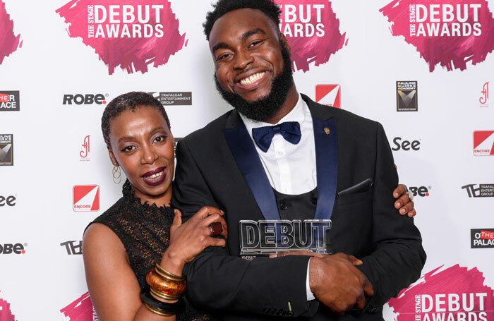 Award presenter Noma Dumezweni with best actor in a play award winner Abraham Popoola at The Stage Debut Awards 2017. Photo: Alex Brenner