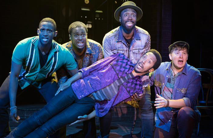 Jelani Remy, Shavey Brown, John Edwards, Dwayne Cooper and Max Sangerman in Smokey Joe's Cafe. Photo: Joan Marcus