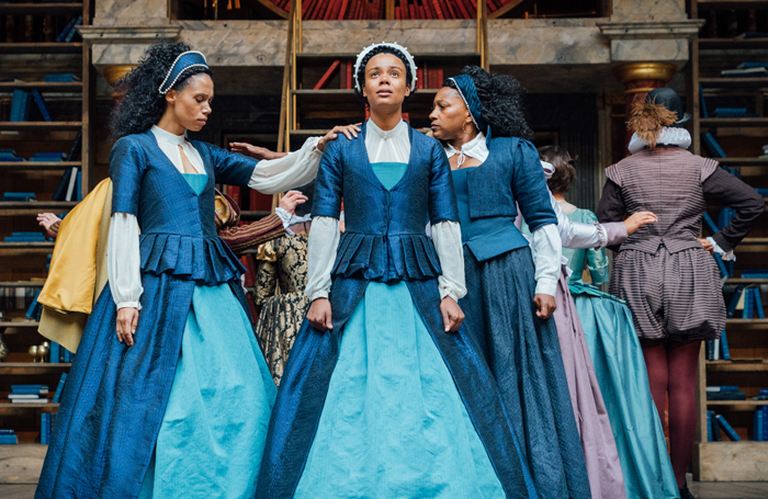 Vinette Robinson, Leah Harvey and Clare Perkins in Emilia at Shakespeare's Globe. Photo: Helen Murray