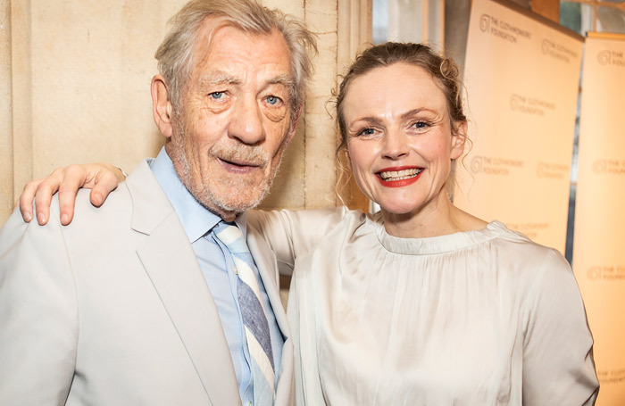 Award presenter Ian McKellen with winner, actor Maxine Peake at the UK Theatre Awards, Photo: Pamela Raith