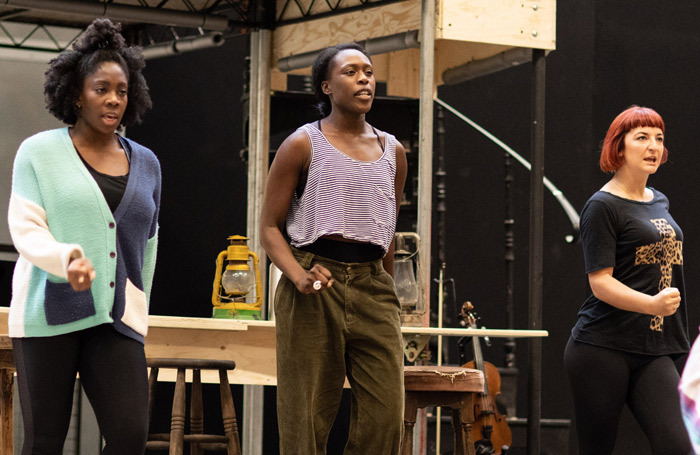 Carly Mercedes Dyer, Gloria Onitiri and Rosie Fletcher in rehearsals for Hadestown at the National Theatre. Photo: Helen Maybanks