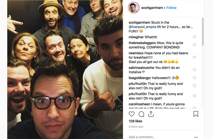 Scott Garnham's Instagram post of the Nativity company stuck in the lift