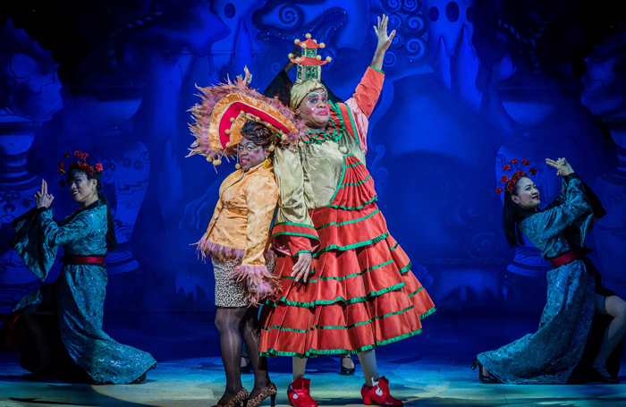 Tameka Empson and Clive Rowe in Hackney Empire Aladdin. Photo: Robert Workman