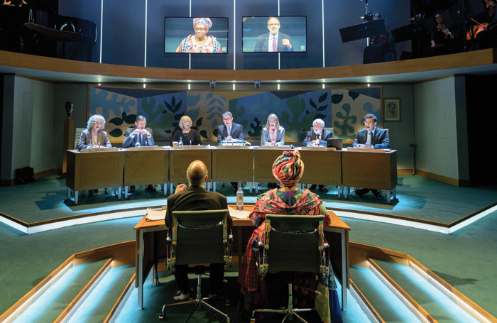 The cast of Committee, a play staged at the Donmar Warehouse last year, which was based on the Parliamentary transcript of the 2015 inquiry into the collapse of the charity Kids Company. Photo: Manuel Harlan