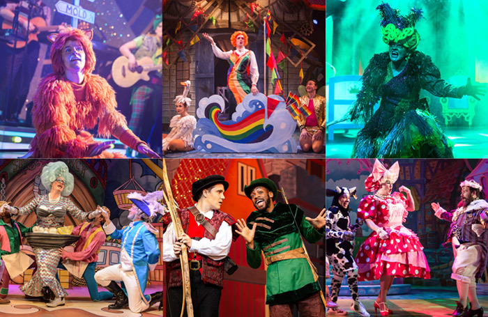 Clockwise from top left: Dick Whittington in Mold, Mother goose Cracks One Out in London, Sleepin' Cutie in Stirling, Jack and the Beanstalk in Colchester, Robin Hood and the Babes in the Wood in Nottingham and Robinson Crusoe in London. Photos: PBG Studios/Mihaela Bodlovic/Scott Rylander/Pamela Rai