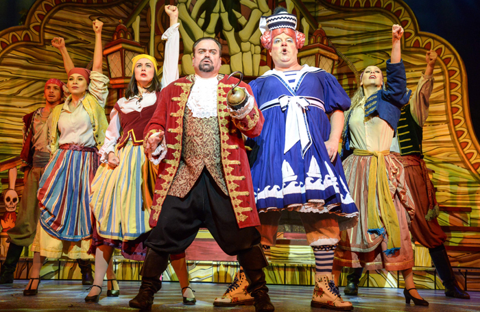 Shaun Williamson, Damian Williams and the cast of Peter Pan at the Lyceum Theatre, Sheffield. Photo: Robert Day