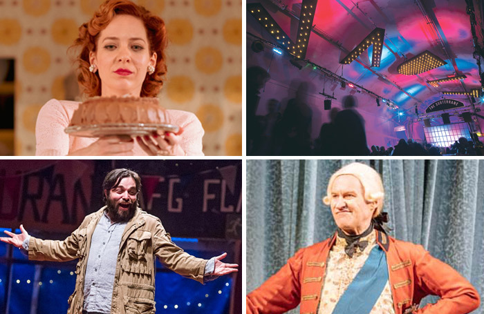 Clockwise from top left: Home, I'm Darling at Theatre Clwyd, Vault Festival, The Madness of George III at Nottingham Playhouse and The Jungle in the West End. Photos: Manuel Harlan/Tristram Kenton