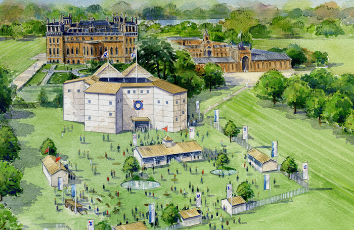 Colour illustration of the pop-up Shakespeare theatre at Blenheim Palace