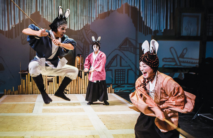 Jonathan Raggett, Siu Hun Li and Haruka Kuroda in Usagi Yojimbo at Southwark Playhouse (2014). Photo: Richard Davenport