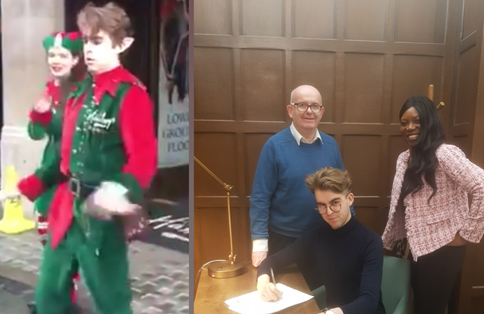 Mike Rogers left dancing outside Hamleys at Christmas and right signing his contract with New Wonder Management