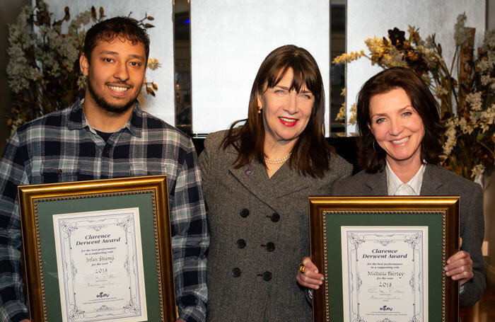 Irfan Shamji, Equity president Maureen Beattie, and Michelle Fairley at the Clarence Derwent Awards.