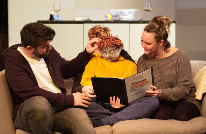 Simon Lipkin, Hugh Purves and Charlie Brooks in All in a Row at Southwark Playhouse, London. Photo: Nick Rutter