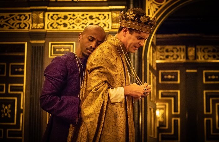 Beru Tessema as Gaveston and Tom Stuart as Edward in Edward II at San Wanamaker Playhouse, London. Photograph: Marc Brenner