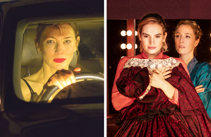 Cate Blanchett in When We Have Sufficiently Tortured Each Other. Right: Lily James and Gillian Anderson in All About Eve at the Noel Coward Theatre. Photos: Jan Versweyveld/Stephen Cummiskey