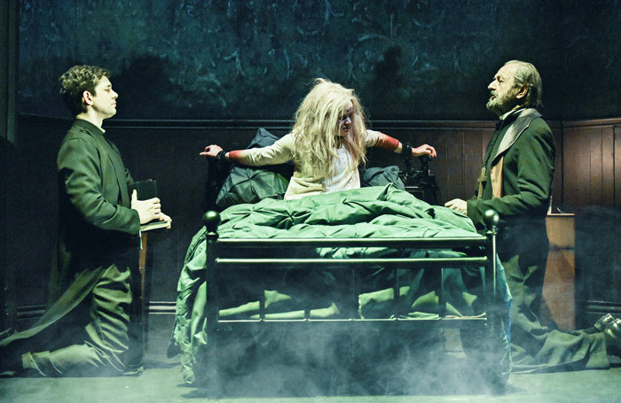 Adam Garcia, Clare Louise Connolly, and Peter Bowles in The Exorcist at Phoenix Theatre, London. Photo: Robert Day