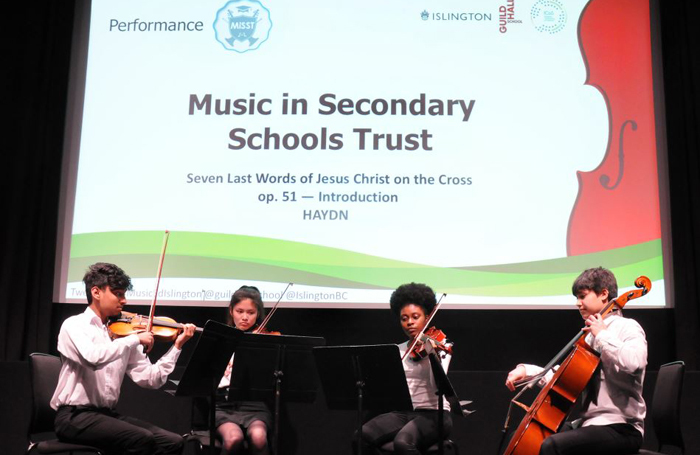 The Music in Secondary Schools Trust Saturday School Quartet performing at the launch