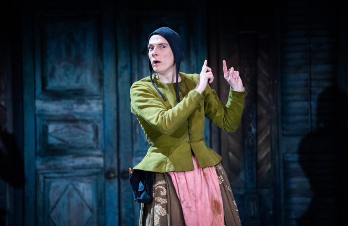 Charlotte Arrowsmith performing as Curtis in The Taming of the Shrew at the Royal Shakespeare Theatre, Stratford-upon-Avon. Photo: Ikin Yum