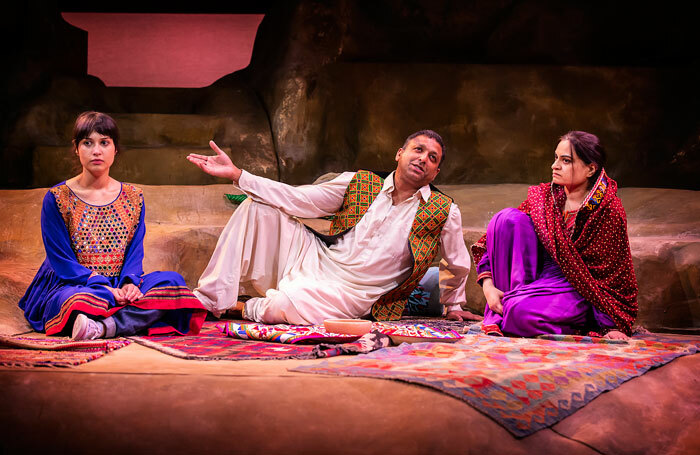Sujaya Dasgupta, Pal Aron  and Amina Zia in A Thousand Splendid Suns at Birmingham Repertory Theatre. Photo: Pamela Raith