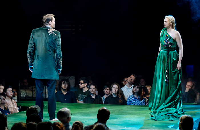 Oliver Chris and Gwendoline Christie in A Midsummer Night's Dream at the Bridge Theatre. Photo: Manuel Harlan