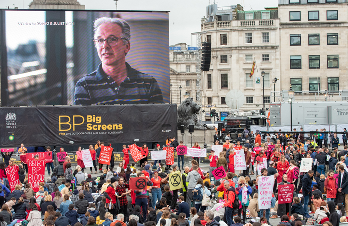 Extinction rebellion protesters at the ROH screening in Trafalgar Square. Photo: Joe Twigg