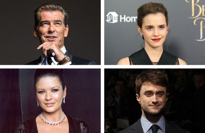 Pierce Brosnan, Emma Watson, Catherine Zeta-Jones and Daniel Radcliffe are among actors who appeared on this year's Sunday Times Rich List top 100 in TV, film and music