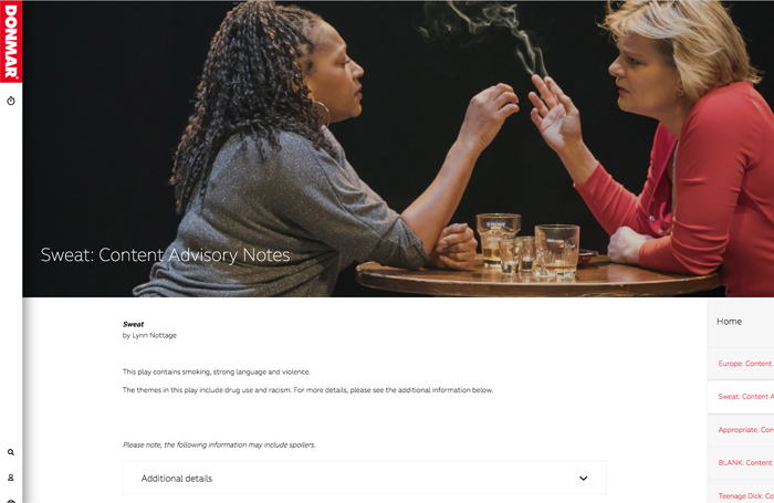 The Donmar's website includes content advisories to warn theatregoers of potentially distressing scenes in its productions