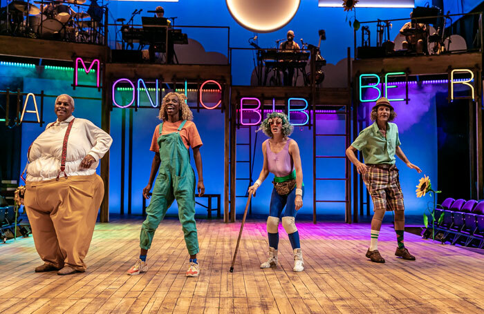Gary Wilmot, Keziah Joseph, Kate Malyon and Ricard Cant in Mr Gum and the Dancing Bear at the National Theatre, London. Photo: The Other Richard