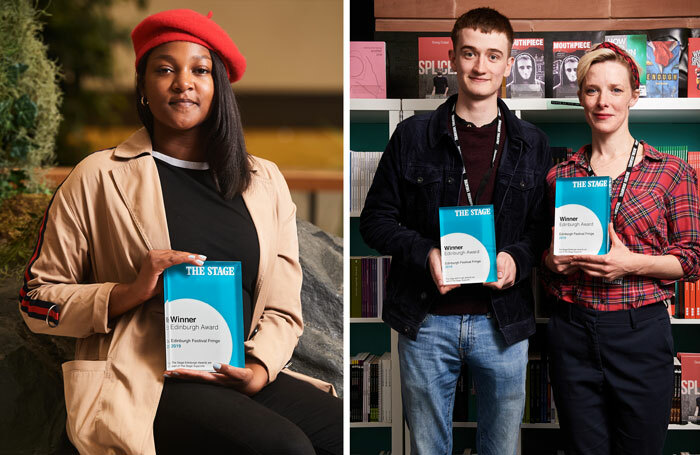 Winners of The Stage Edinburgh Awards: Alice Vilanculo (left) and Angus Taylor and Shauna Macdonald (right). Photos: Alex Brenner