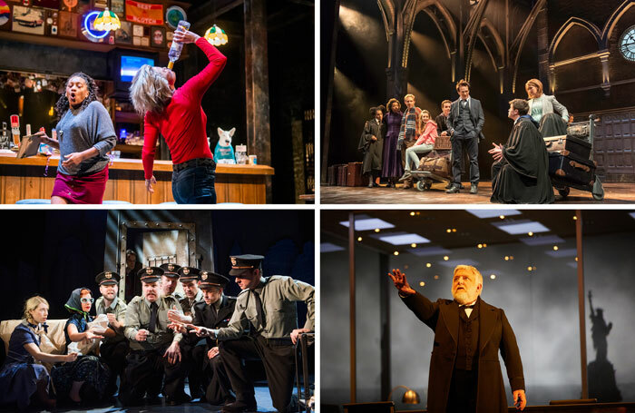 Original plays staged in the West End at the time of The Stage's survey include, clockwise from top left: Sweat (photo: Tristram Kenton), Harry Potter and the Cursed Child (photo: Manuel Harlan), The Lehman Trilogy (photo: Mark Douet) and The Comedy About a Bank Robbery (photo: Tristram Kenton)