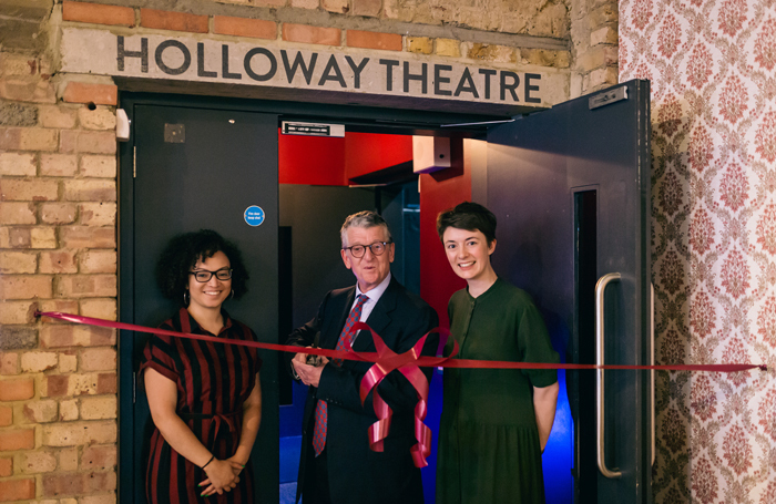 Bush Theatre artistic director Lynette Linton, Charles Holloway and executive director Lauren Clancy open the Holloway Theatre at the Bush. Photo: Hassan Joof