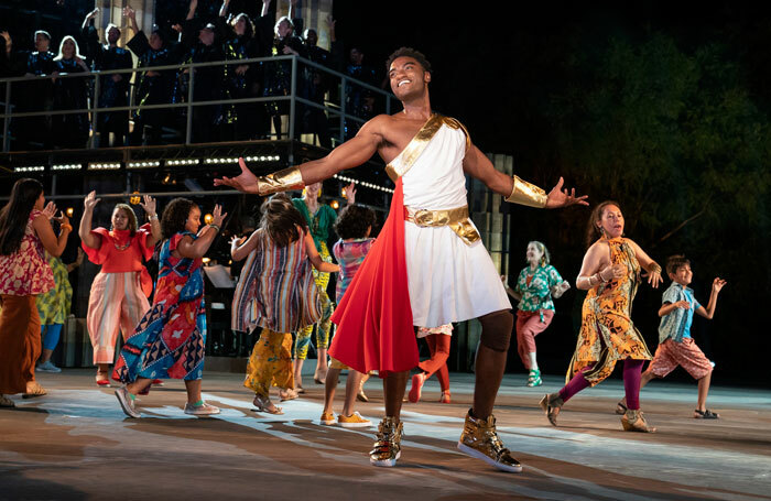 Jelani Alladin and the company of the Public Theater’s production of Hercules at the Delacorte Theater. Photo: Joan Marcus