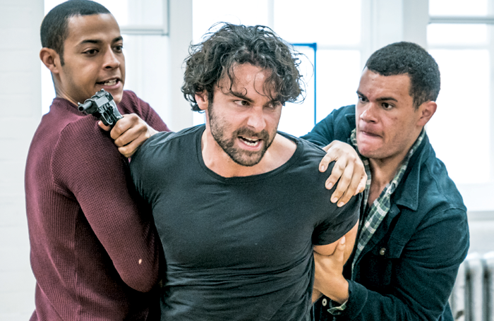 Daryl McCormack,  Aidan Turner and Julian Moore-Cook in rehearsals for Michael Grandage’s production of The Lieutenant of Inishmore (2018). The director is said to require actors to be off-book from day one. Photo: Marc Brenner