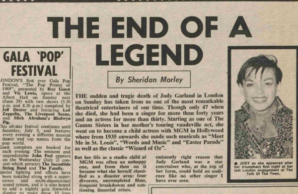 'The sudden and tragic death of Judy Garland' – 50 years ago in The Stage