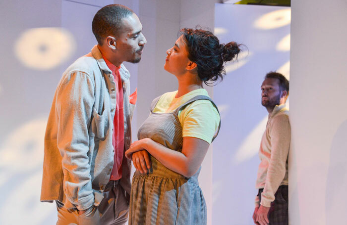 Gabriel Akuwudike, Isabella Laughland and Patrick Knowles in Either at Hampstead Theatre, London. Photo: Robert Day