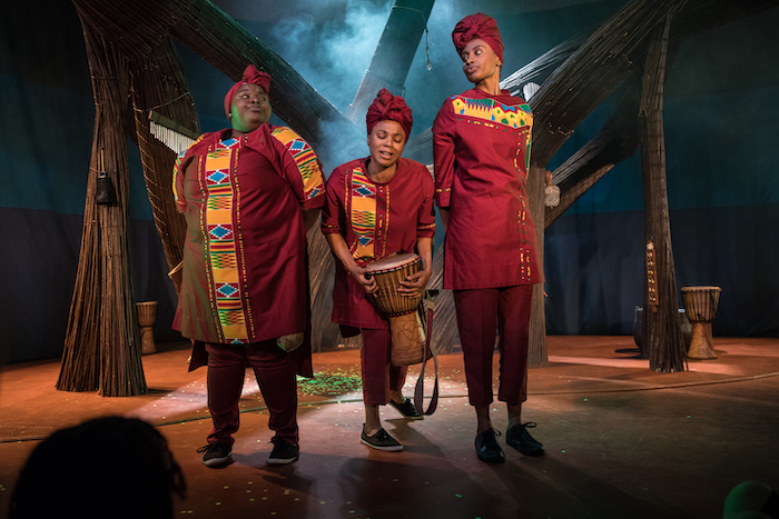 Juliet Okotie, Sapphire Joy and Afia Abusham in Anansi the Spider at the Unicorn Theatre, London. Photo: Craig Sugden