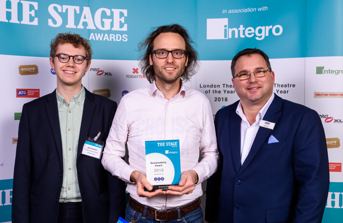 Arcola Theatre's head of communications Jack Gamble and executive director Ben Todd with Matt Lloyd from sponsor Global Design Solutions at The Stage Awards 2018, at which the Arcola won the Sustainability award for its continuing efforts to adopt greener practices and technologies