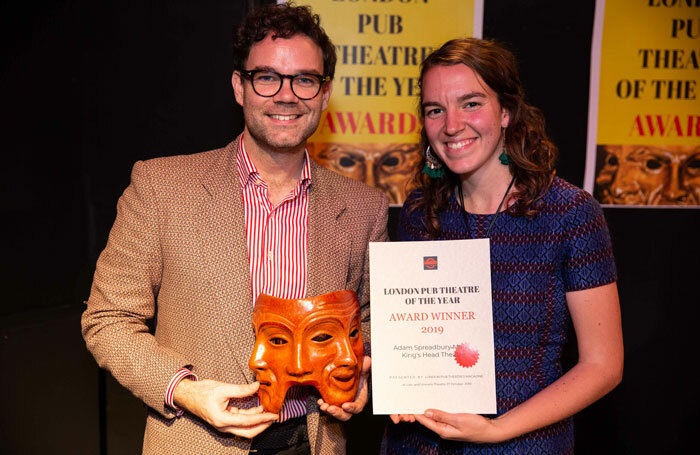 The King's Head's Adam Spreadbury-Maher and Fiona English receiving the London Pub Theatre of the Year Award 2019. Photo: Nick Brittain