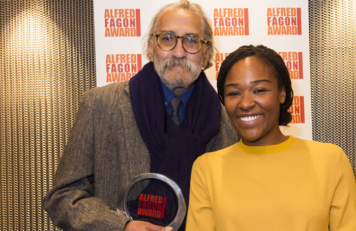 Mustapha Matura with Alfred Fagon award-winner Charlene James in 2014. Photo: Richard H Smith